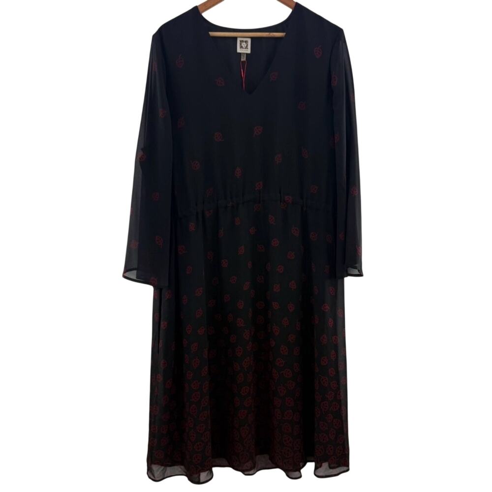 NWT Anne Klein Sheer Overlay Long Sleeve Cinch Drawstring Blk Red Midi Dress 18 - Picture 2 of 13